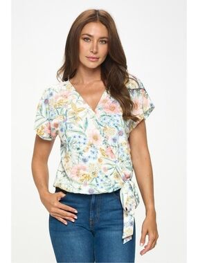 WEST K Floral Wrap Tie-Front V-Neck Top - Pastel Multi NWT RETAIL $54 SIZE XL